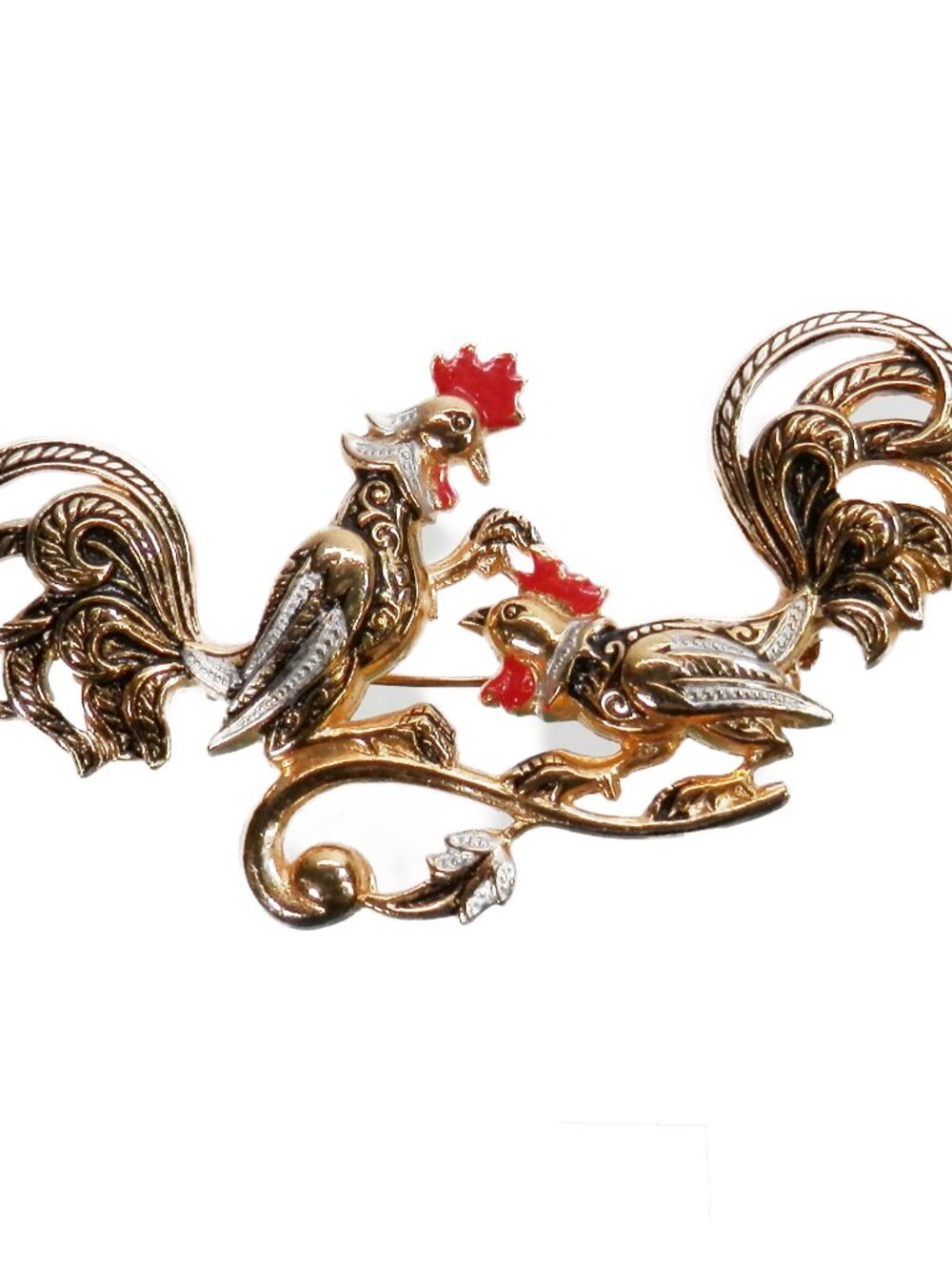 Vtg Gold Tone Long Tail Roosters Chickens Enamel Pin Brooch Damascene Spain